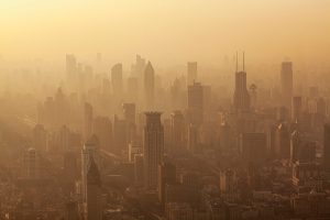 Air pollution seen over Shanghai's Puxi District buildings at dusk, China
