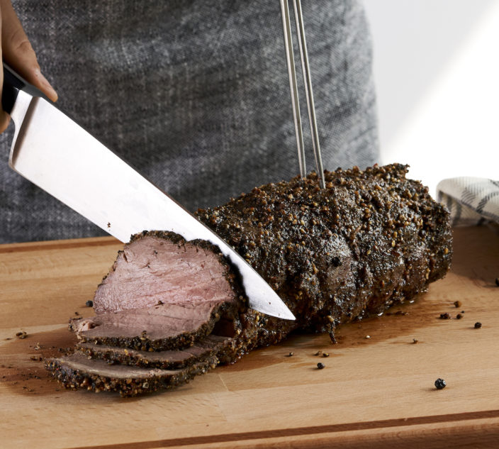 Pepper crusted beef tenderloin.