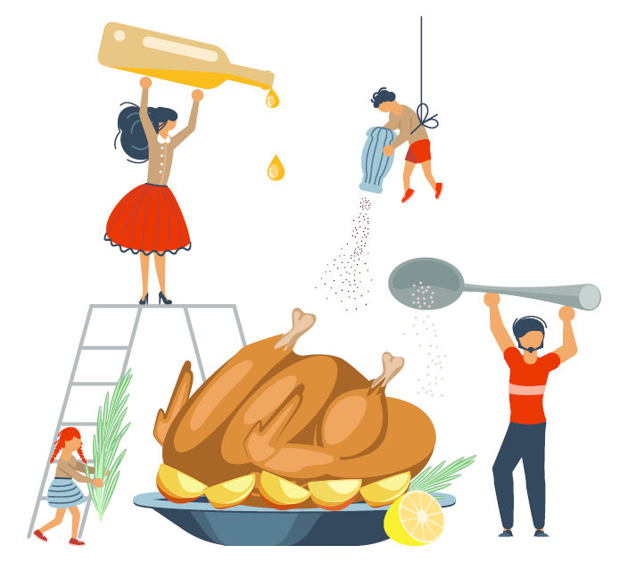 Illustration of a family cooking together.