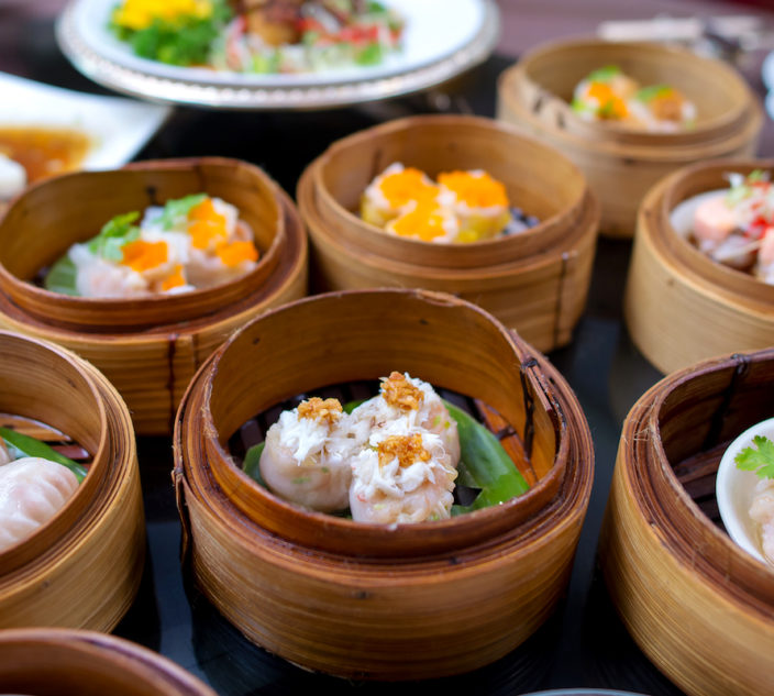 yumcha, various chinese steamed dumpling in bamboo steamer in Asian restaurant