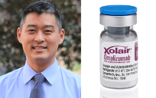 Dr. Edwin Kim, and Xolair vial. Xolair looks may well become the first “anti-IgE” biologic drug to treat multiple food allergies.
