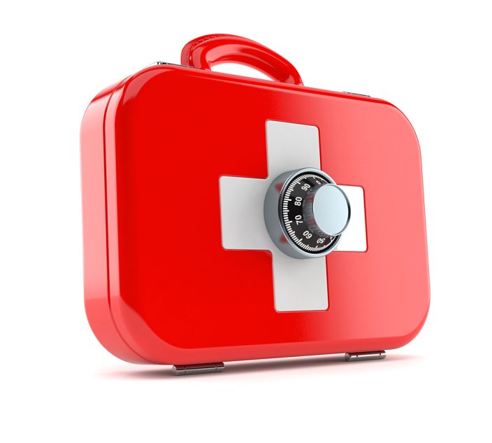 First aid kit with combination lock isolated on white background. Schools and Locked Up Epinephrine: A Dangerous Situation