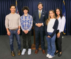 Sen. Andrew Gounardes with Zaremba teens John and Lucia and their parents.